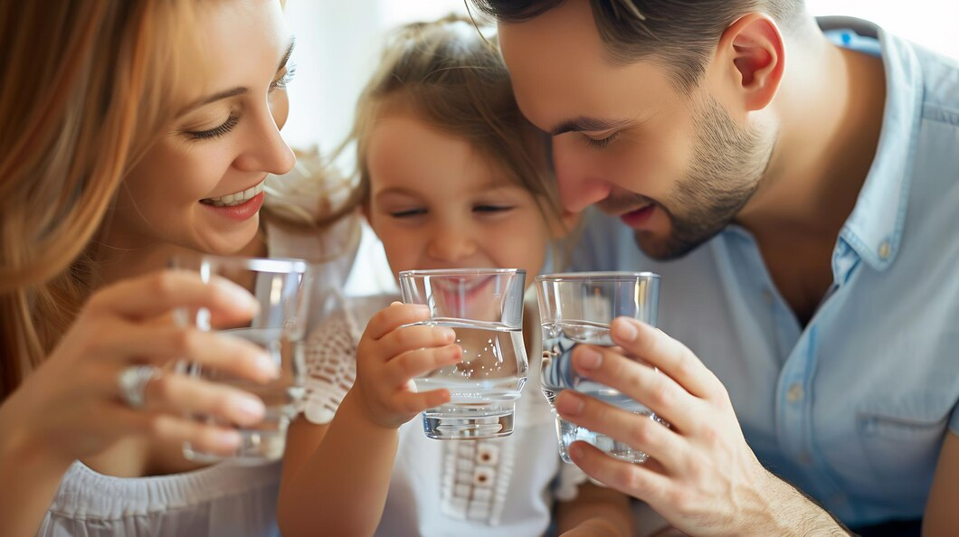 familia tomando agua purificada