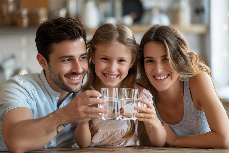 familia tomando un vaso de agua purificada